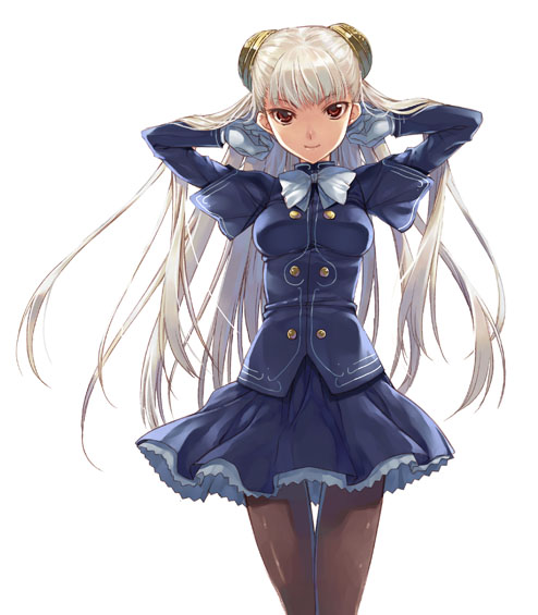 hagure keg, ingrid (capcom), capcom, capcom fighting jam, 1girl, adjusting hair, arms behind head, brown pantyhose, dress, female focus, gloves, hair spread out, hairpods, long hair, looking at viewer, pantyhose, red eyes, short dress, skirt, smile, solo, thigh gap, white background, white hair