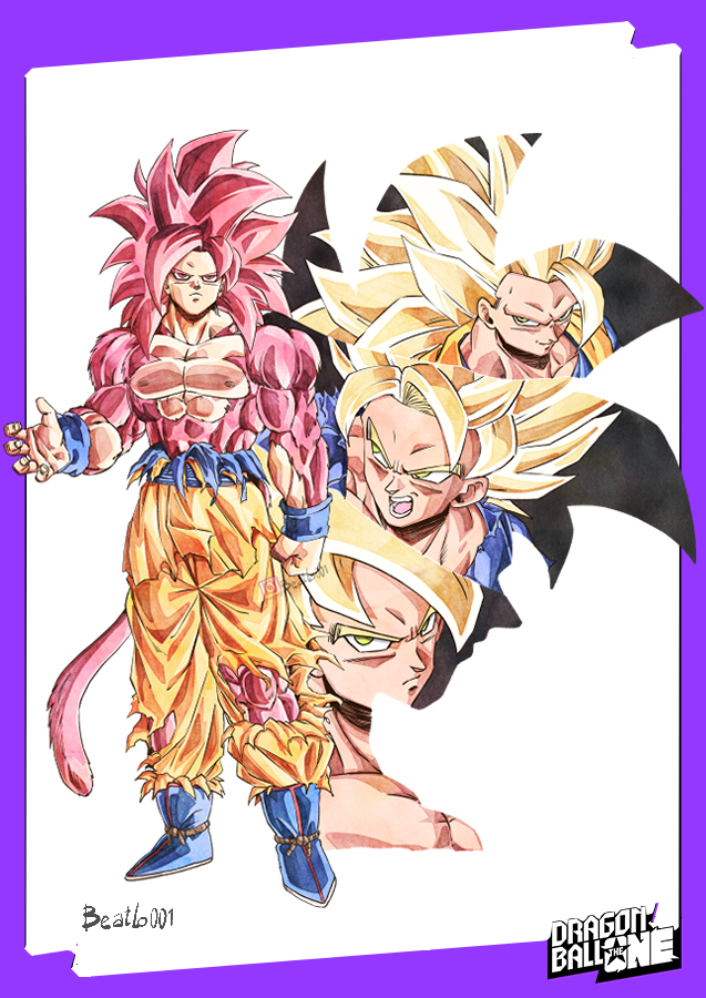 beatlo (rodrigo38658978), son goku, dragon ball, dragon ball daima, dragonball z, 1boy, artist name, blonde hair, blue boots, blue sash, boots, border, evolutionary line, full body, green eyes, long hair, medium hair, muscular, muscular male, orange pants, pants, purple border, red eyes, red fur, red hair, sash, silhouette, simple background, solo focus, spiked hair, super saiyan, super saiyan 1, super saiyan 2, super saiyan 3, super saiyan 4, topless male, torn clothes, torn pants, white background