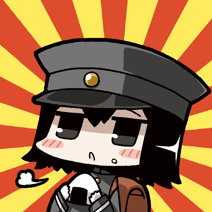 yagumo kengou, akitsu maru (kancolle), kantai collection, commentary, 1girl, backpack, bag, black eyes, black hair, black hat, blush, chibi, chibi only, food, food on face, gloves, grey hat, hair between eyes, hat, holding, holding food, jacket, long sleeves, military hat, military uniform, onigiri, peaked cap, rice, rice on face, short hair, solo, sunburst, sunburst background, two-tone background, upper body, white gloves