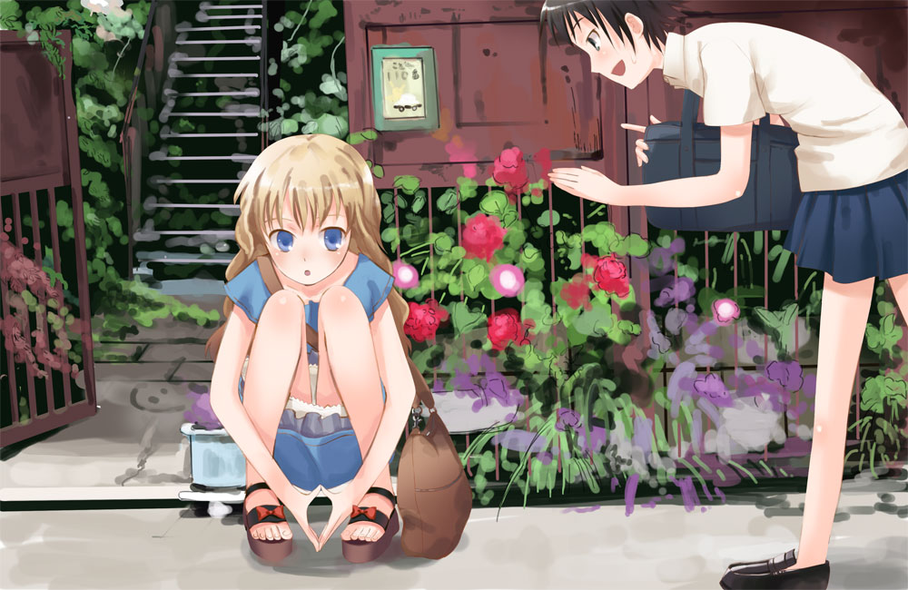 yamamoto shima, original, 2girls, :o, androgynous, bag, black eyes, black hair, blonde hair, blue eyes, day, flower, long hair, multiple girls, outdoors, sandals, school bag, short hair, skirt, squatting, stairs, tomboy