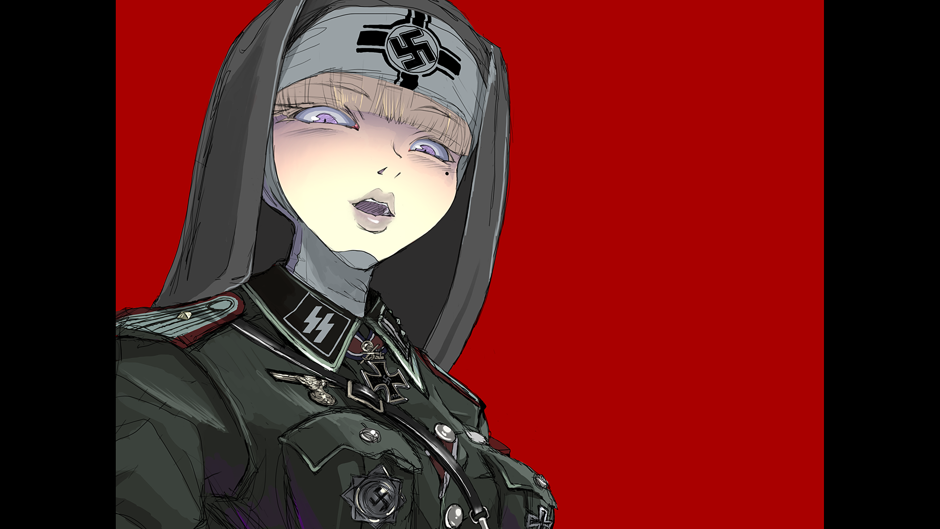 ahoisy, original, commentary request, highres, 1girl, blonde hair, breasts, coat, cross, emblem, green coat, grey lips, iron cross, medium breasts, military uniform, mole, mole under eye, nazi, nun, open mouth, pillarboxed, portrait, purple eyes, solo, ss insignia, swastika