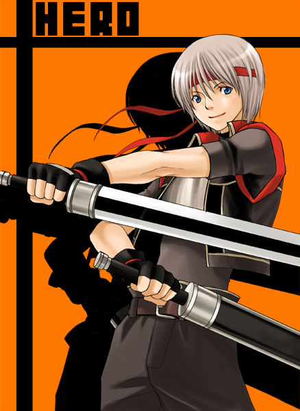 wrong direction, silver hair, character request, blue eyes, male focus, short hair, simple background