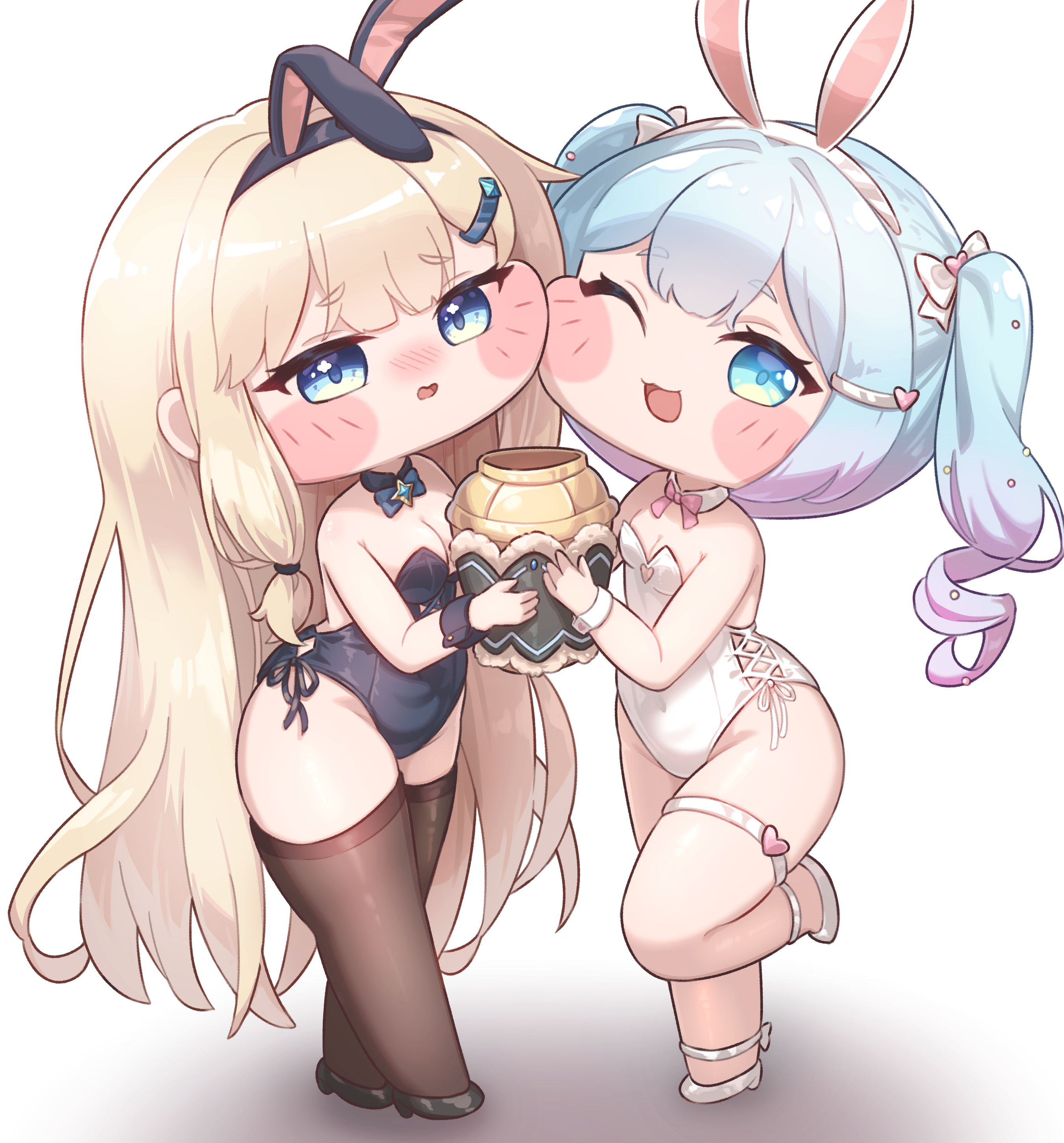 wjddn, naia (trickcal), trickcal, absurdres, commentary request, highres, variant set, 2girls, animal ears, blonde hair, blue eyes, blue hair, blush, chibi, covered navel, fake animal ears, full body, hair ornament, hairclip, holding, leotard, long hair, looking at viewer, multiple girls, one eye closed, open mouth, playboy bunny, shasha (trickcal), simple background, thick thighs, thighhighs, thighs, twintails, white background