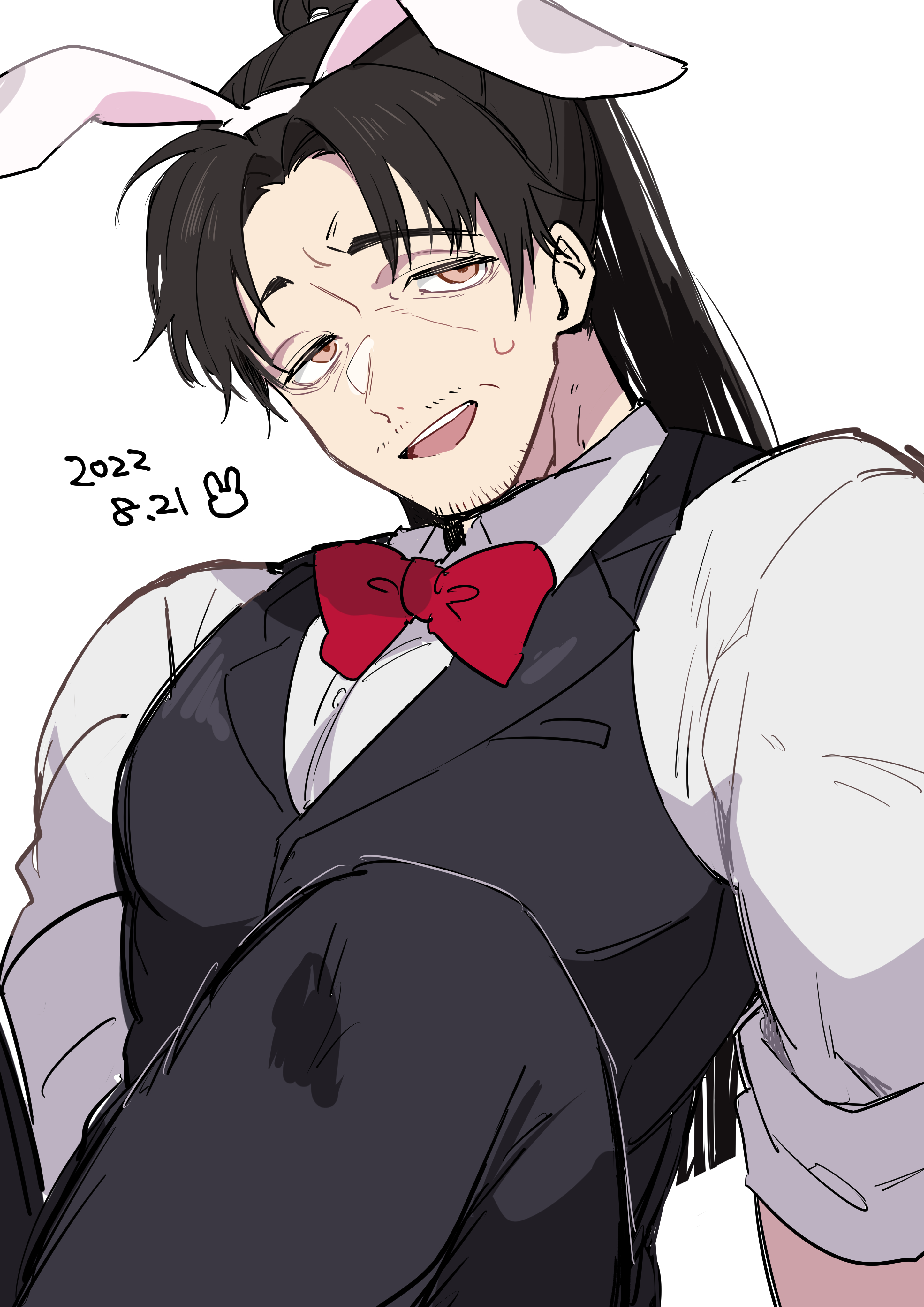 nekoma hikaru, kengan (series), kengan ashura, absurdres, commentary request, highres, animal ear hairband, animal ears, arm support, black pants, black vest, bow, bowtie, brown eyes, collared shirt, dated, facial hair, fake animal ears, goatee stubble, hairband, hatsumi sen, looking at viewer, male focus, mature male, mustache stubble, open mouth, pants, ponytail, rabbit ear hairband, rabbit ears, red bow, red bowtie, shirt, sitting, sparse stubble, stubble, vest, white background, white shirt