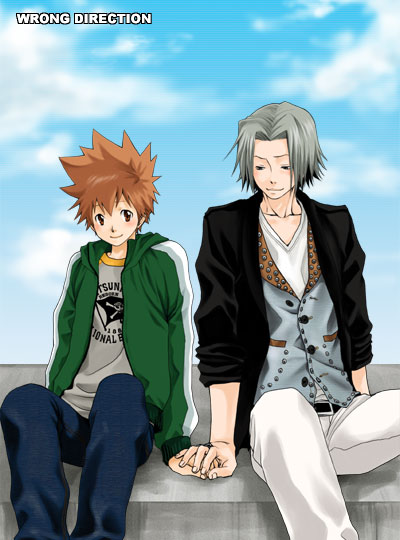 wrong direction, katekyo hitman reborn!, silver hair, 00s, blush, brown hair, male focus, short hair, sky