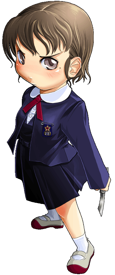 ahoisy, original, commentary request, 1girl, blue dress, blue jacket, brown eyes, brown hair, dress, full body, holding, holding knife, jacket, knife, medium dress, mole, mole under eye, pleated dress, school uniform, socks, solo, white socks