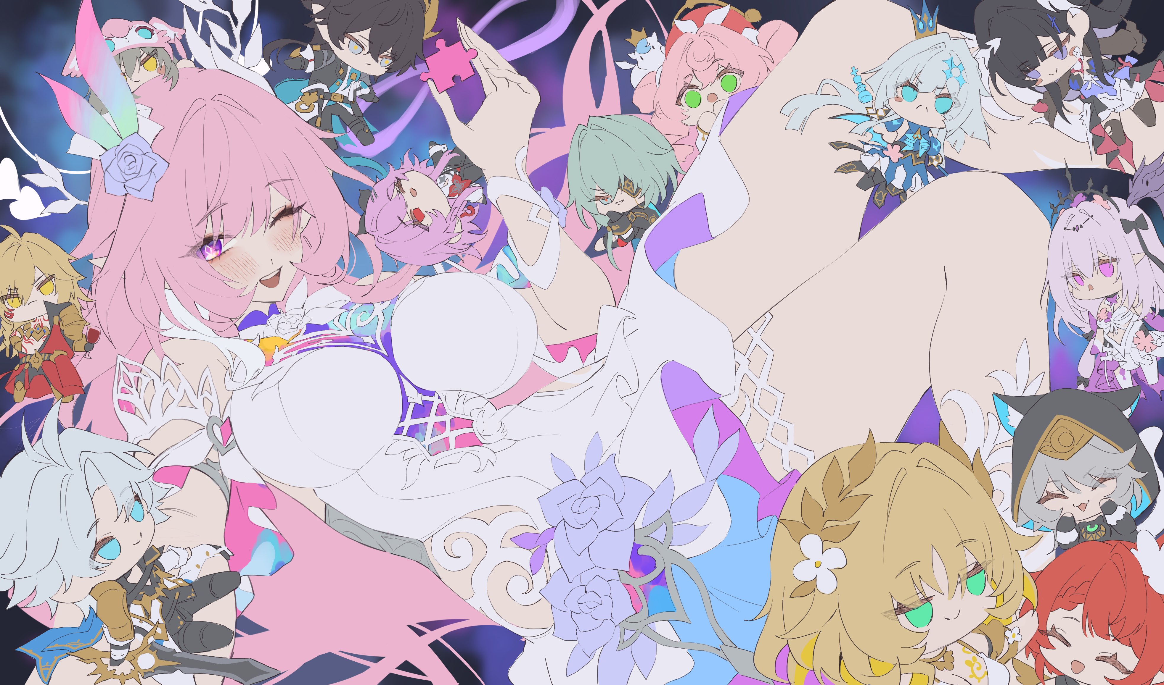 netural, aglaea (honkai: star rail), anaxa (honkai: star rail), castorice (honkai: star rail), cerydra (honkai: star rail), cipher (honkai: star rail), cyrene (honkai: star rail), cyrene (ripples of past reverie) (honkai: star rail), dan heng (honkai: star rail), dan heng (permansor terrae) (honkai: star rail), evernight (honkai: star rail), hyacine (honkai: star rail), hysilens (honkai: star rail), little ica (honkai: star rail), march 7th (honkai: star rail), mydei (honkai: star rail), phainon (honkai: star rail), stelle (honkai: star rail), trailblazer (honkai: star rail), tribbie (honkai: star rail), honkai: star rail, honkai (series), absurdres, commentary request, highres, unfinished, 4boys, 6+girls, bare shoulders, blush, breasts, chibi, chibi inset, chrysos heirs (honkai: star rail), diamond-shaped pupils, diamond (shape), dress, flower, hair flower, hair ornament, hand up, large breasts, long hair, looking at viewer, multiple boys, multiple girls, one eye closed, open mouth, pink eyes, pink hair, pointy ears, purple flower, purple rose, puzzle piece, rose, sidelocks, smile, symbol-shaped pupils, thighs, very long hair, white dress