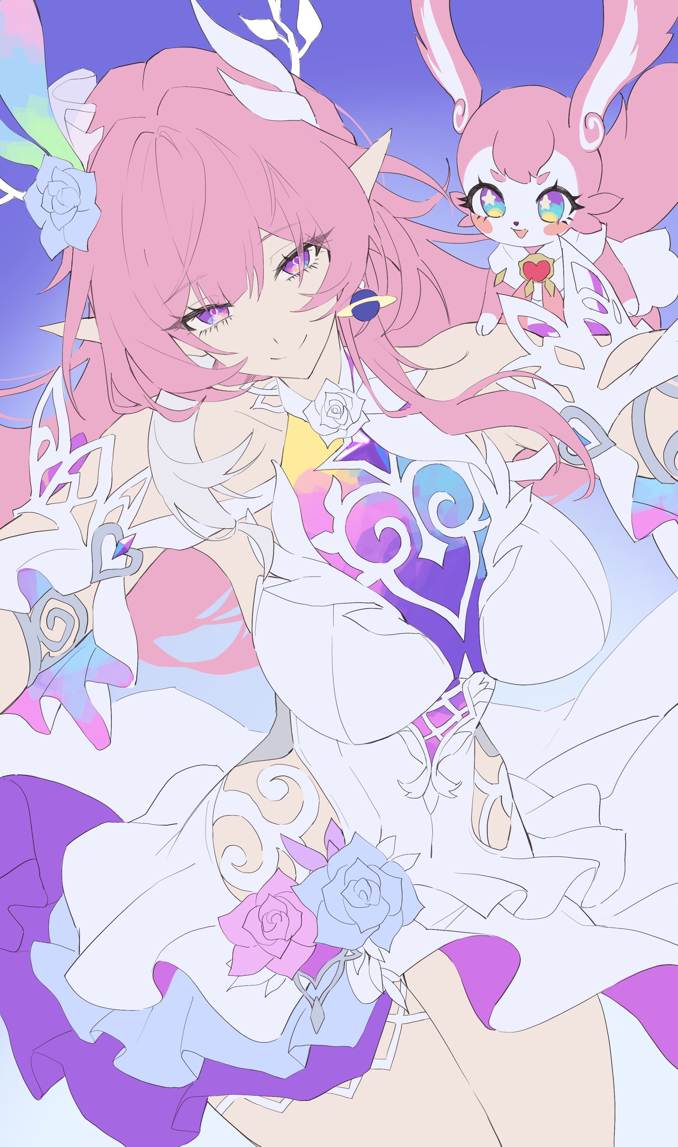 netural, cyrene (honkai: star rail), cyrene (ripples of past reverie) (honkai: star rail), mem (honkai: star rail), honkai: star rail, honkai (series), absurdres, commentary request, highres, unfinished, 1girl, bare shoulders, blue flower, blue rose, breasts, closed mouth, cowboy shot, diamond-shaped pupils, diamond (shape), dress, dual persona, earrings, flower, hair flower, hair ornament, jewelry, large breasts, long hair, long pointy ears, looking at viewer, pink hair, pointy ears, purple background, purple eyes, rose, sidelocks, smile, solo, split mouth, symbol-shaped pupils, thighs, white dress