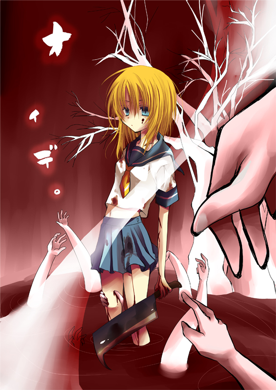 hibiki mio, ryuuguu rena, higurashi no naku koro ni, 00s, 1girl, billhook, blood, blue eyes, female focus, hashitsuki nata, hatchet, nata (tool), orange hair, school uniform, serafuku, short hair, solo