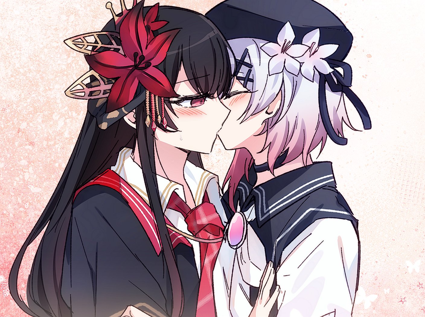 nikaido hiro, sakuraba ema, mahou shoujo no majo saiban, artist request, commentary request, commission, korean commentary, second-party source, 2girls, beret, black hair, black hat, closed eyes, flower, from side, gradient hair, hair flower, hair ornament, hat, kiss, long hair, looking at another, multicolored hair, multiple girls, necktie, pink hair, profile, red eyes, red flower, red necktie, short hair, upper body, white flower, white hair, x hair ornament, yuri