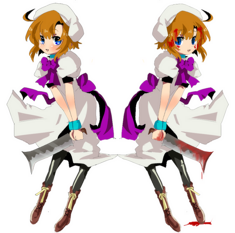 nakana, ryuuguu rena, higurashi no naku koro ni, bad id, bad pixiv id, 00s, 1girl, billhook, blood, blue eyes, brown hair, crazy eyes, dress, dual persona, hashitsuki nata, hat, hatchet, nata (tool), short hair