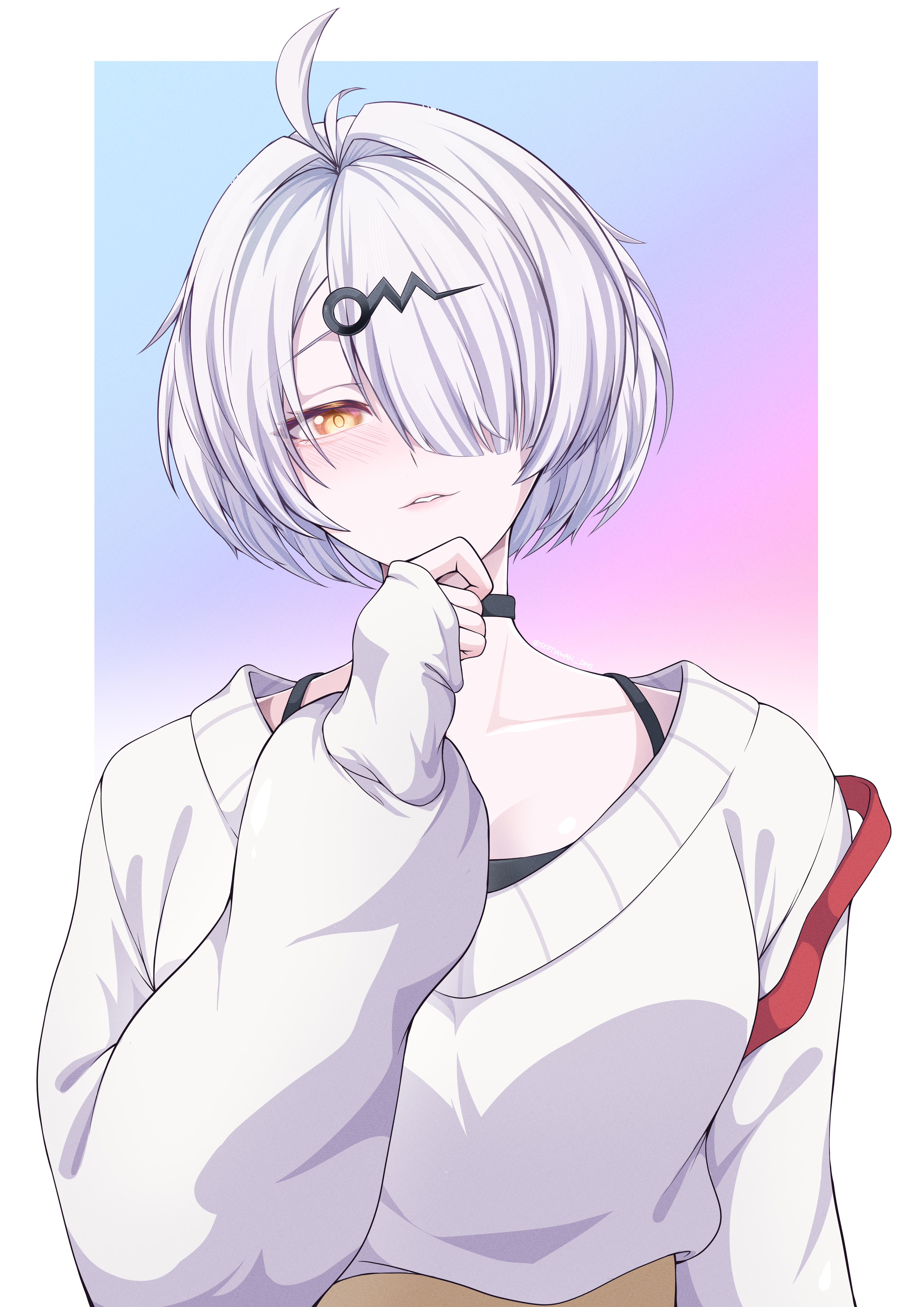 yixuan (zenless zone zero), zenless zone zero, absurdres, commentary, commentary request, english commentary, highres, mixed-language commentary, 1girl, alternate costume, alternate hairstyle, antenna hair, black choker, blue background, blush, border, breasts, choker, cleavage, collarbone, gradient background, hair intakes, hair ornament, hair over one eye, hairpin, hand on own chin, head tilt, large breasts, parted lips, puffy sleeves, purple background, septiawan dms, short hair, solo, sweater, upper body, white border, white hair, white sweater, yellow eyes