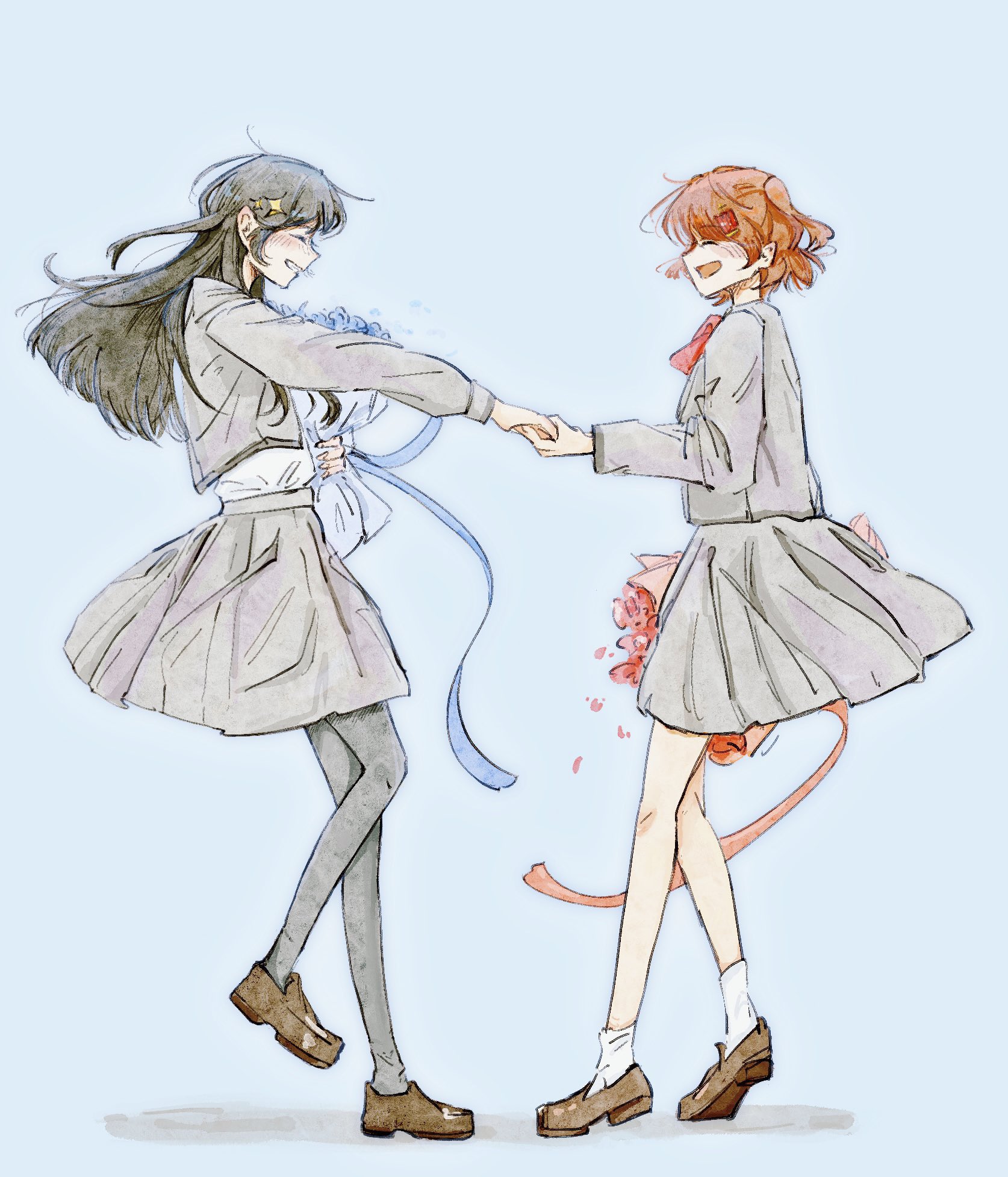 aijou karen, kagura hikari, shoujo kageki revue starlight, commentary, hashtag-only commentary, highres, symbol-only commentary, 2girls, :d, ^ ^, black hair, black pantyhose, blue background, blue flower, blue ribbon, bouquet, bow, bowtie, brown hair, brown shoes, closed eyes, crown hair ornament, facing another, flower, from side, full body, grey jacket, grey skirt, grin, hair ornament, hairclip, hands up, heel up, holding, holding bouquet, holding hands, jacket, loafers, long hair, miniskirt, multiple girls, one side up, open clothes, open jacket, open mouth, outstretched arm, pantyhose, parted lips, pleated skirt, profile, red bow, red bowtie, red flower, red ribbon, ribbon, school uniform, seishou music academy uniform, shirt, shirt tucked in, shoes, short hair, simple background, skirt, smile, socks, sparkle hair ornament, standing, standing on one leg, white shirt, white socks, xilailiu33942