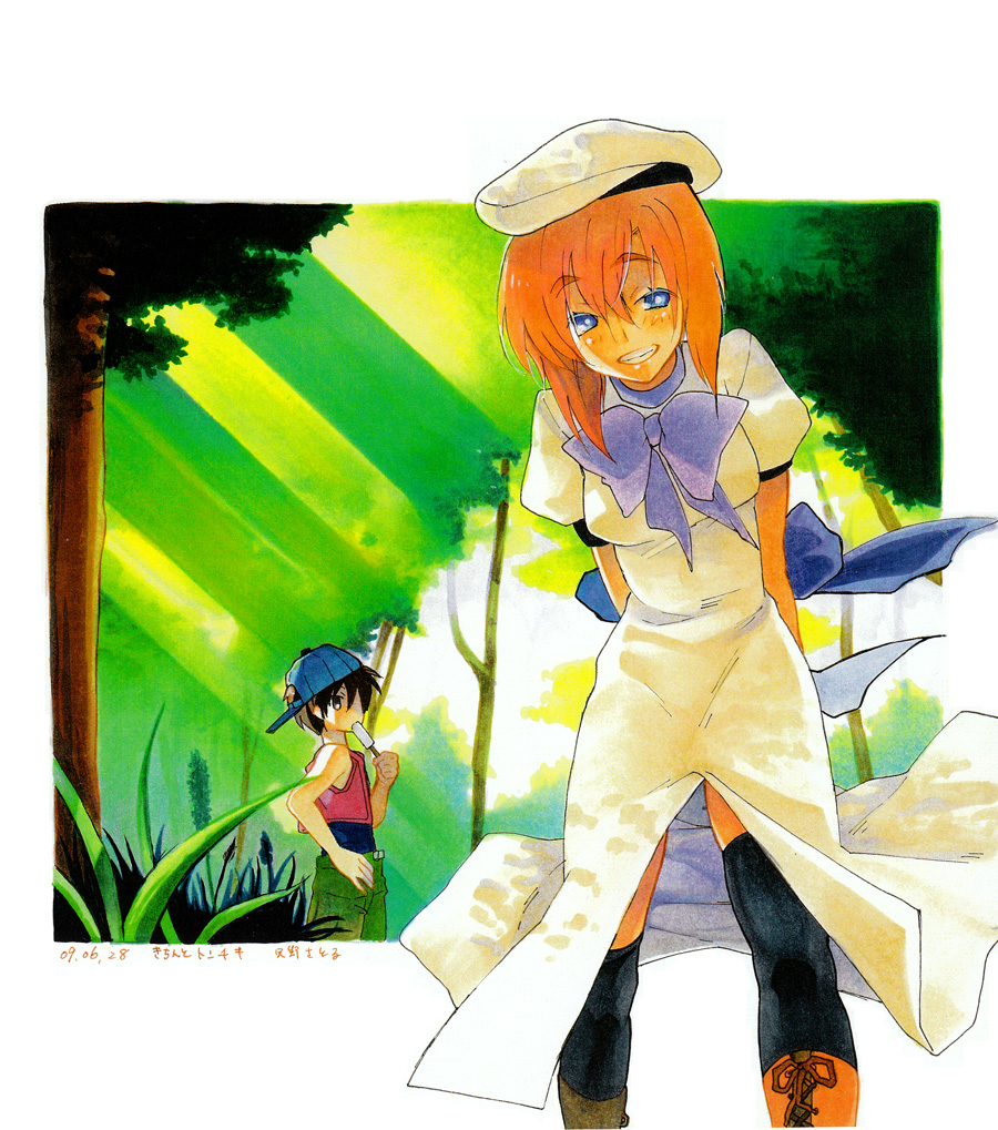 shino satoru, maebara keiichi, ryuuguu rena, higurashi no naku koro ni, translation request, 00s, 1boy, 1girl, blue eyes, couple, dress, food, forest, grin, hat, hetero, nature, orange hair, popsicle, short hair, smile, thighhighs