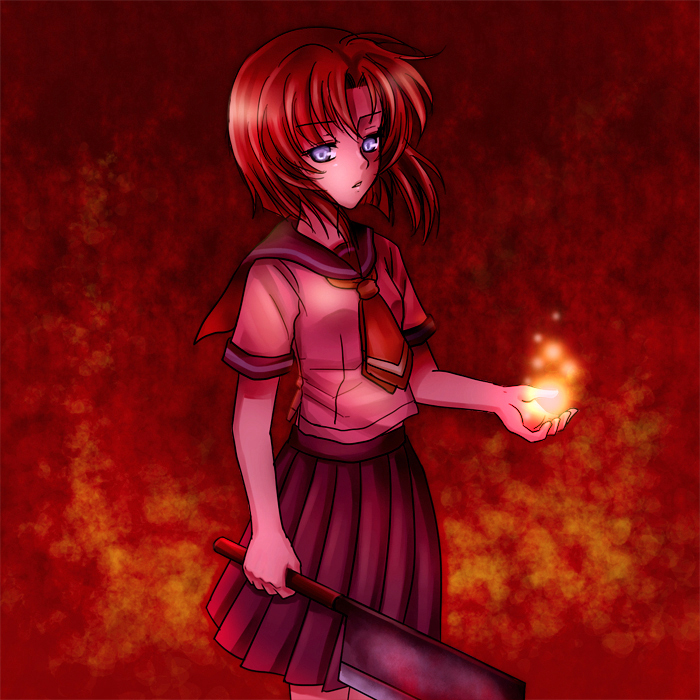mauve, ryuuguu rena, higurashi no naku koro ni, bad id, bad pixiv id, 00s, 1girl, billhook, blue eyes, female focus, hatchet, nata (tool), red hair, school uniform, serafuku, short hair, solo