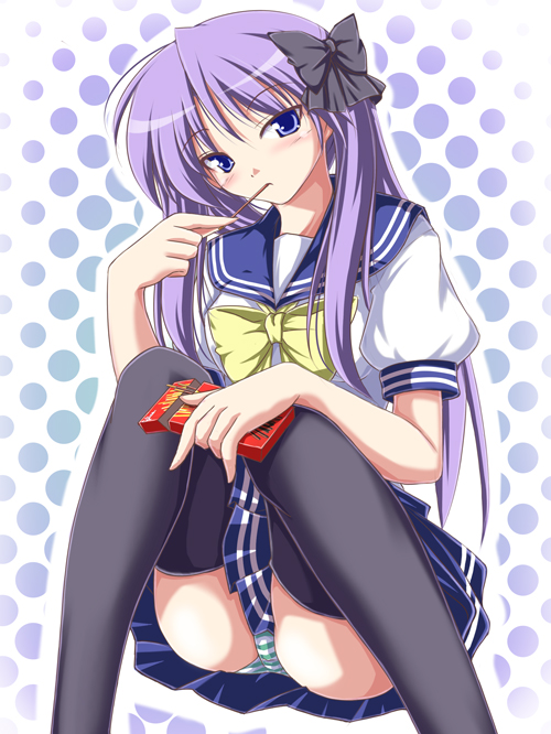 meso (gjmeso), meso (pixiv35947), hiiragi kagami, lucky star, bad id, bad pixiv id, 00s, 1girl, blue eyes, blush, female focus, food, halftone, halftone background, long hair, panties, pantyshot, pocky, purple hair, school uniform, serafuku, sitting, solo, striped clothes, striped panties, thighhighs, tsurime, underwear