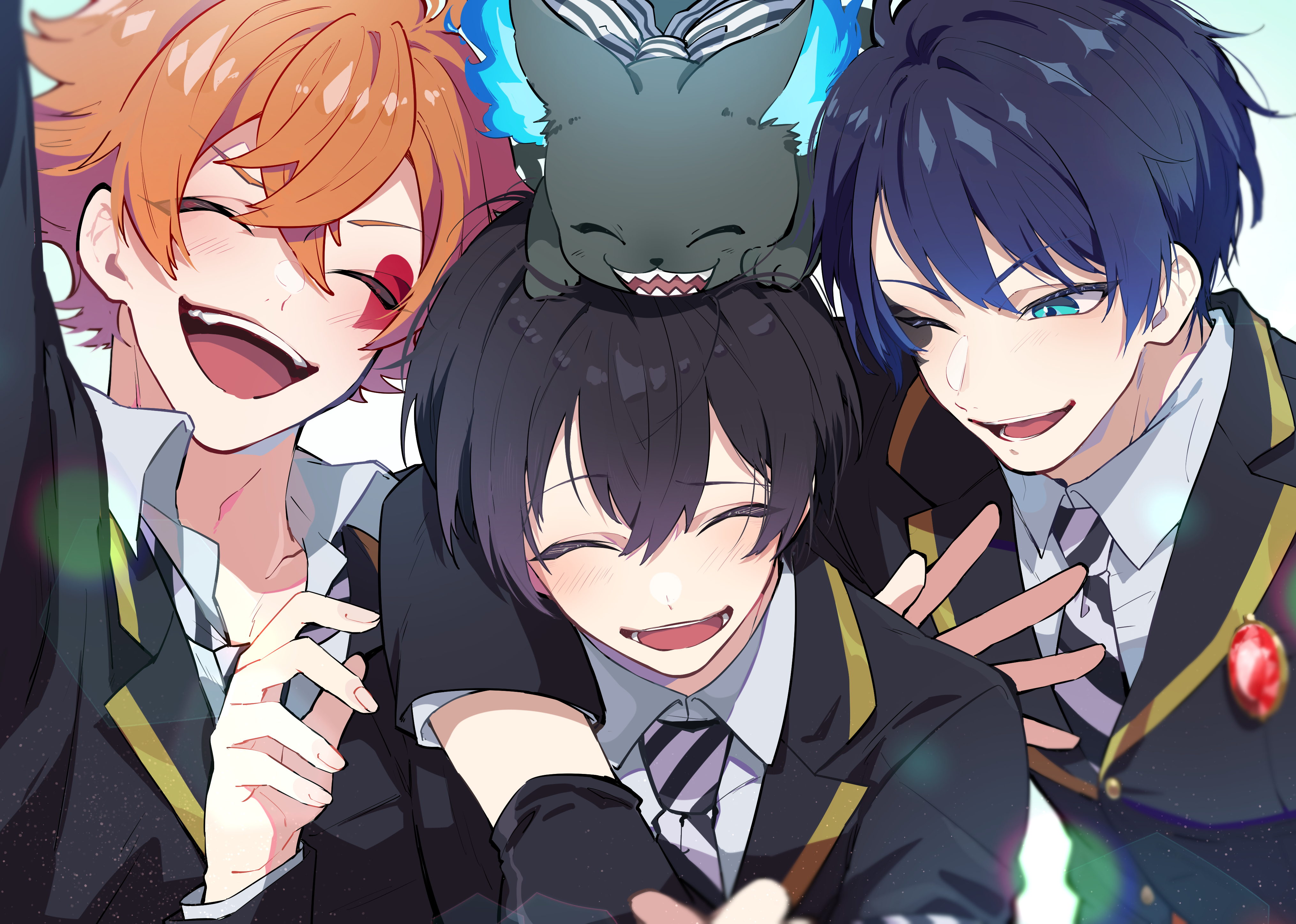 nekoma hikaru, ace trappola, deuce spade, grim (twisted wonderland), yuu (twisted wonderland), twisted wonderland, absurdres, commentary request, highres, 3boys, black hair, black jacket, blue eyes, blue hair, blush, cat, closed eyes, collared shirt, facial mark, heart, heart facial mark, jacket, male focus, multiple boys, necktie, one eye closed, open mouth, orange hair, sharp teeth, shirt, spade (shape), spade facial mark, striped necktie, teeth, white background, white shirt