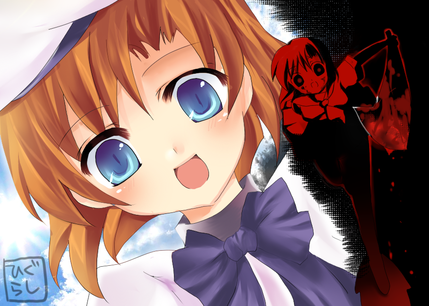 dango (airdanngo), ryuuguu rena, higurashi no naku koro ni, 00s, 1girl, billhook, blood, blue eyes, bow, crazy eyes, female focus, hashitsuki nata, hat, hatchet, nata (tool), orange hair, short hair, solo