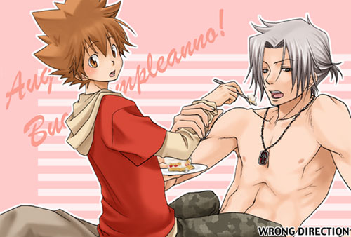 wrong direction, katekyo hitman reborn!, silver hair, lowres, 00s, brown hair, cake, chopsticks, food, male focus, topless male