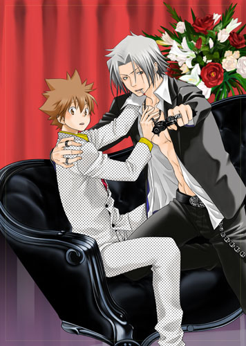 wrong direction, katekyo hitman reborn!, silver hair, lowres, 00s, brown hair, flower, formal clothes, gun, male focus, short hair, suit, weapon