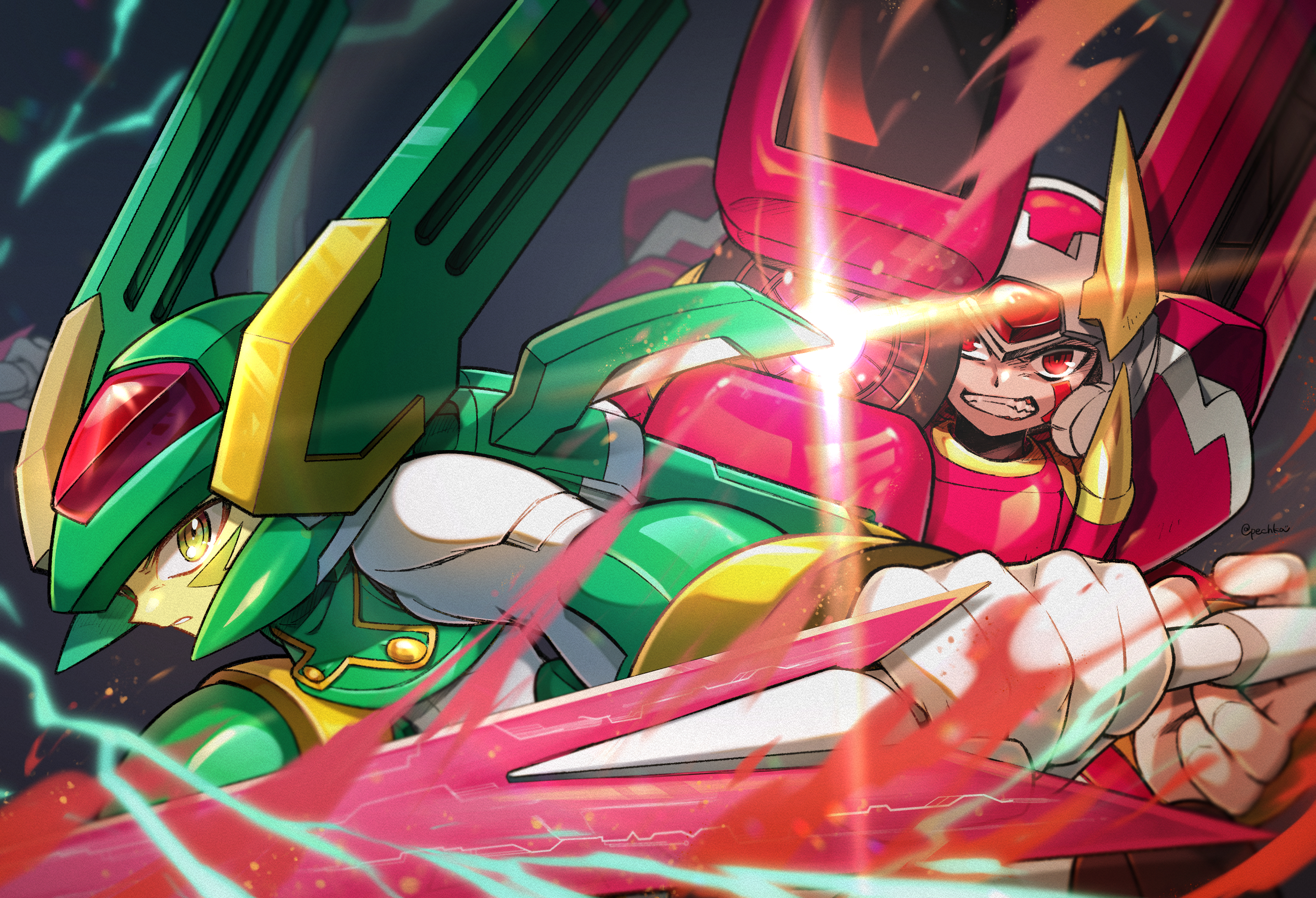 pechka, fighting fefnir (mega man), sage harpuia (mega man), mega man (series), mega man zero (series), commentary request, highres, 2boys, armor, clenched teeth, dual wielding, facial mark, firing, green armor, green helmet, grey background, helmet, holding, holding sword, holding weapon, male focus, multiple boys, parted lips, red armor, red helmet, sword, teeth, weapon