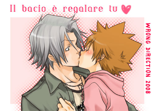 wrong direction, katekyo hitman reborn!, silver hair, lowres, 00s, blush, brown hair, kiss, male focus, short hair, simple background