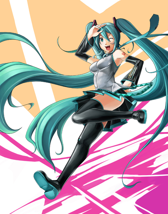 eu03, hatsune miku, vocaloid, 1girl, aqua eyes, aqua hair, breasts, detached sleeves, female focus, full body, long hair, necktie, skirt, smile, solo, thighhighs, twintails, very long hair, wink, zettai ryouiki
