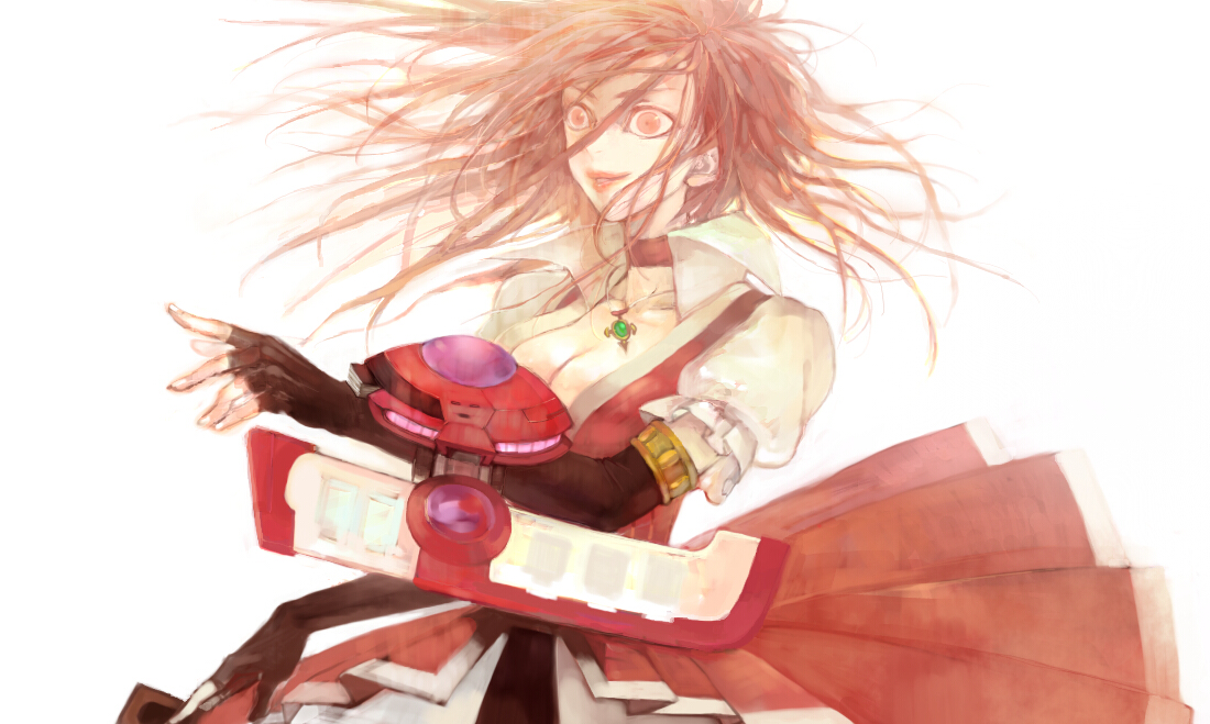 goshi, izayoi aki, yu-gi-oh!, yu-gi-oh! 5d's, bad id, bad pixiv id, 00s, card, crazy, dress, elbow gloves, gloves, jewelry, long hair, necklace, pile of cards, red eyes, red hair, smile, solo