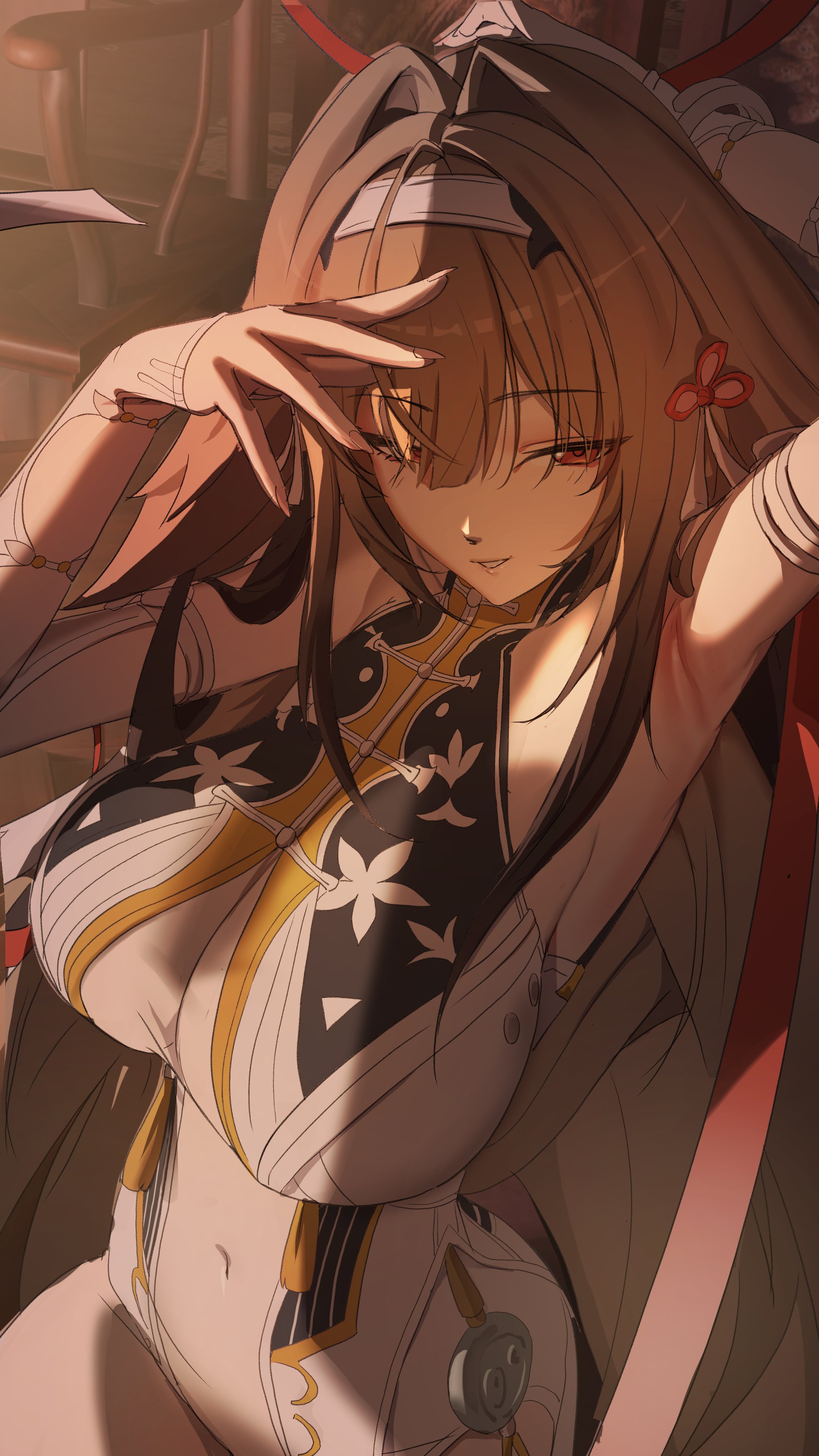 yuyiosang, ye shunguang, absurdres, highres, armpits, arms up, breasts, brown hair, chinese clothes, clover hair ornament, dress, droopy ears, hair ornament, headband, red eyes, seductive smile, see-through clothes, smile, white dress