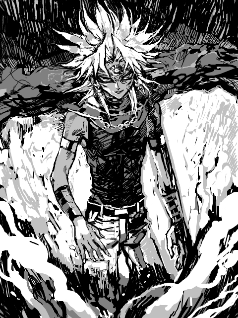 goshi, marik ishtar, yami marik, yu-gi-oh!, yu-gi-oh! duel monsters, 1boy, armlet, belt, cape, facial mark, forehead mark, greyscale, jewelry, male focus, monochrome, solo