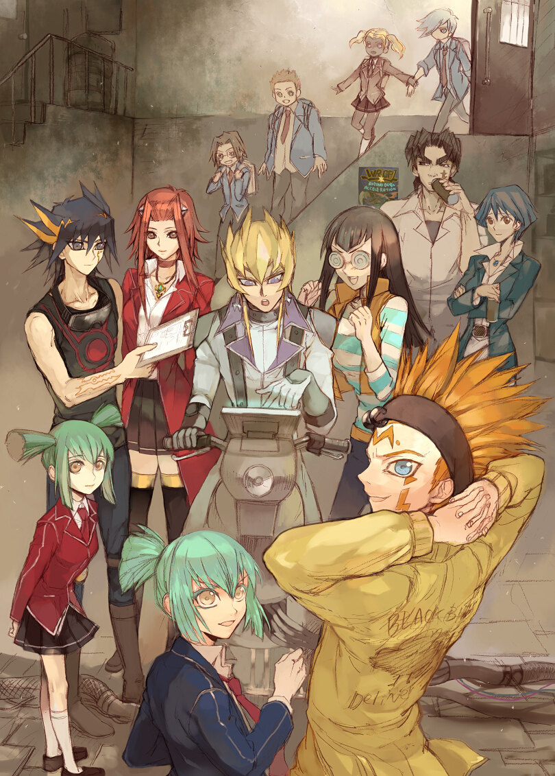 goshi, yoru (77957792), carly nagisa, crow hogan, fudo yusei, izayoi aki, jack atlas, luca (yu-gi-oh!), sagiri mikage, ushio tetsu, yu-gi-oh!, yu-gi-oh! 5d's, striped, vehicle, bad id, bad pixiv id, 00s, 5girls, 6+boys, black hair, blonde hair, blue hair, drinking, everyone, glasses, green hair, headband, kneehighs, motor vehicle, multicolored hair, multiple boys, multiple girls, orange hair, ponytail, red hair, school uniform, scooter, short twintails, siblings, skirt, socks, streaked hair, thighhighs, twins, twintails, zettai ryouiki