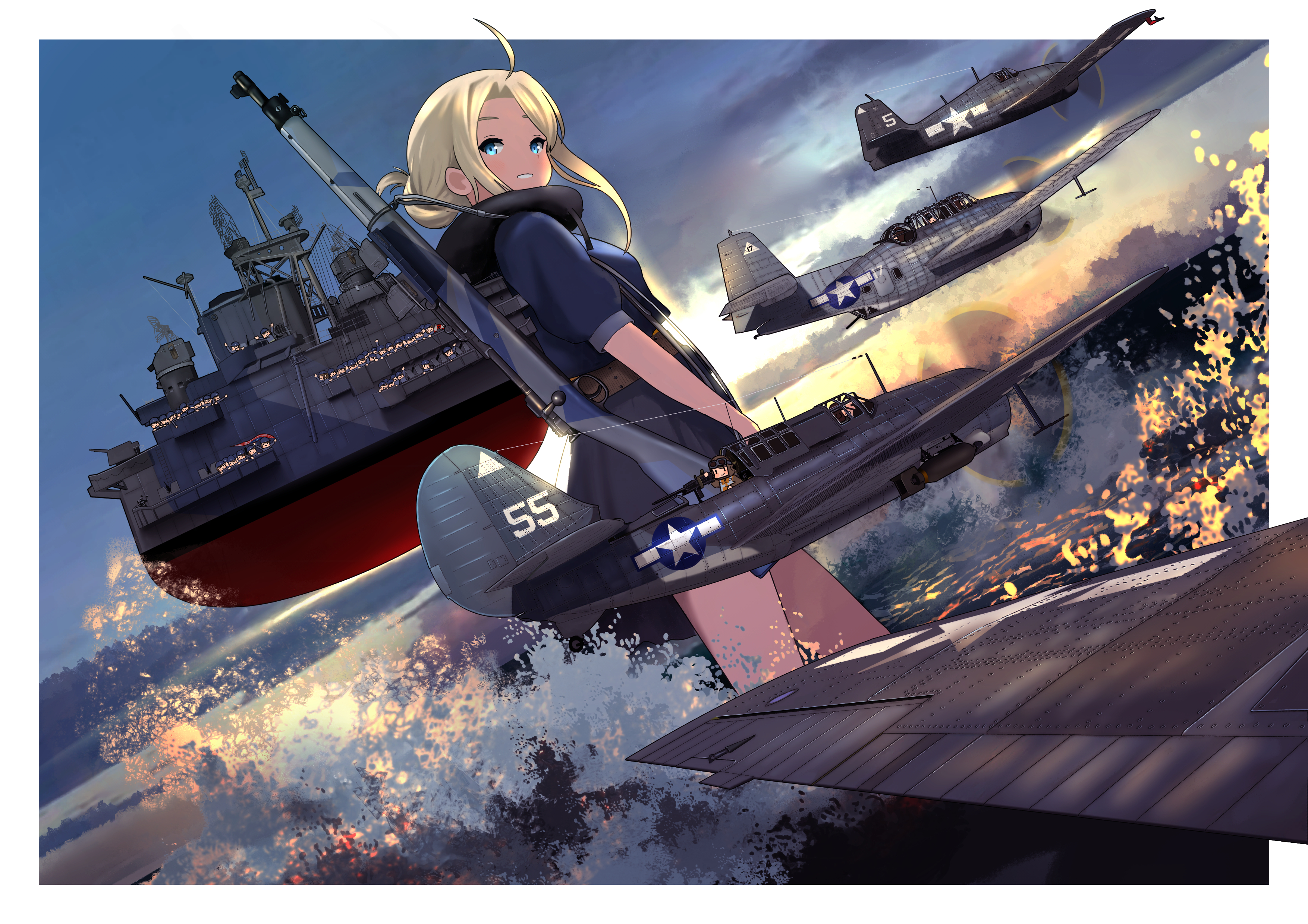 timmyyen, fairy (kancolle), kantai collection, absurdres, commentary request, highres, 6+girls, aircraft, airplane, asymmetrical hair, belt, blonde hair, blue eyes, blue shirt, breasts, brown belt, grey skirt, gun, hair bun, large breasts, mini person, minigirl, miniskirt, multiple girls, outdoors, rifle, rigging, shirt, short sleeves, skirt, standing, wasp (kancolle), weapon