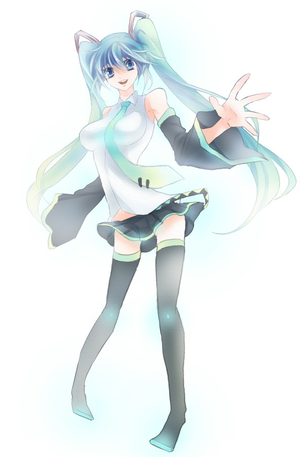 wakkoro, wakkoro (pixiv466018), hatsune miku, vocaloid, bad id, bad pixiv id, aqua eyes, aqua hair, detached sleeves, long hair, necktie, skirt, solo, thighhighs, twintails, very long hair
