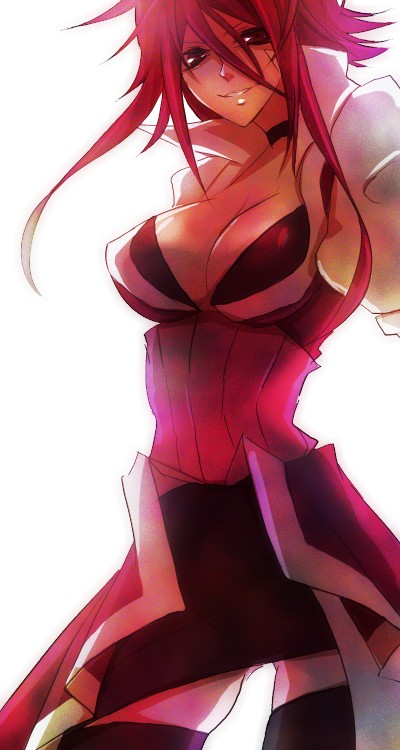 wakkoro, wakkoro (pixiv466018), izayoi aki, yu-gi-oh!, yu-gi-oh! 5d's, 00s, breasts, happy, large breasts, red hair, skirt, smile, solo, thighhighs, zettai ryouiki