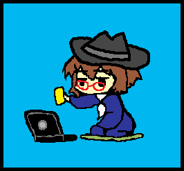 gender request, lowres, androgynous, brown hair, chibi, computer, fedora, glasses, hat, laptop, necktie, solo, sponge