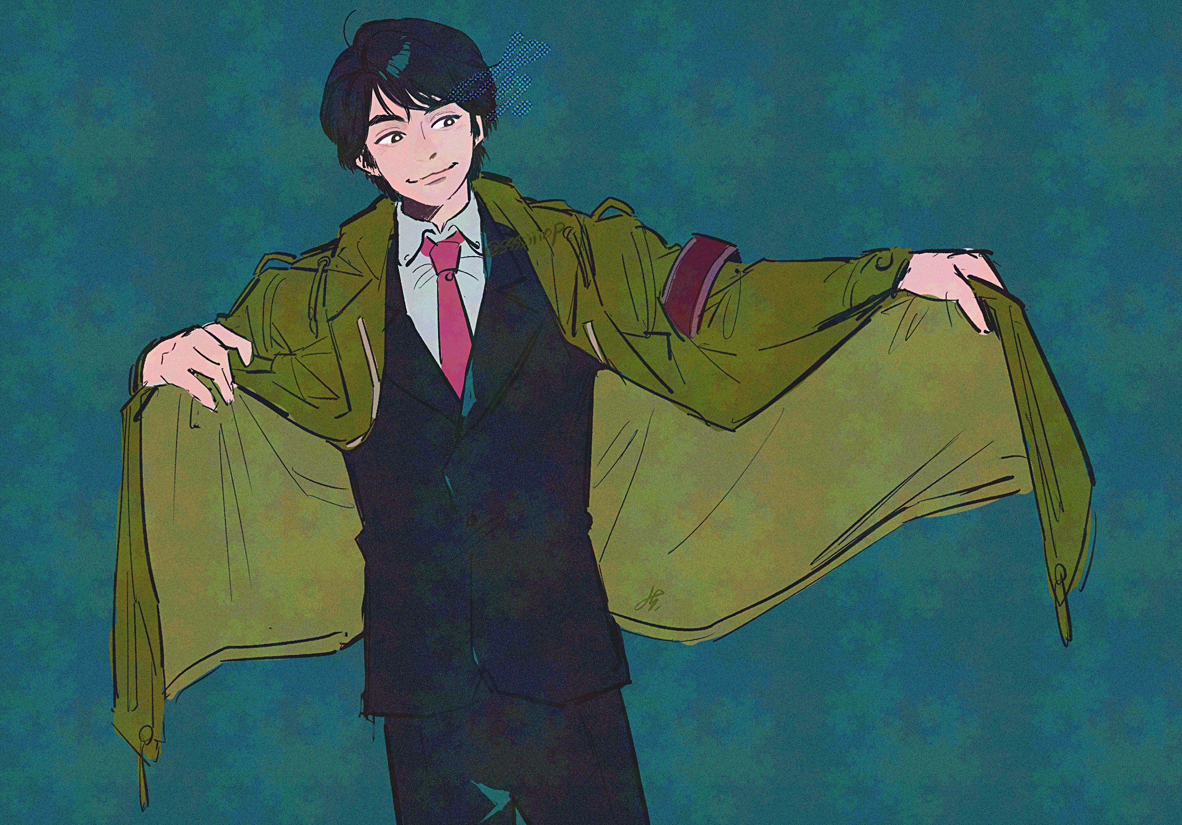 sss iiiop, aoshima shunsaku, odoru daisousasen, commentary request, highres, 1boy, armband, black hair, black pants, blue background, bright pupils, closed mouth, coat, collared shirt, green coat, looking to the side, male focus, necktie, pants, red armband, red necktie, shirt, short hair, smile, solo, upper body, white pupils, white shirt