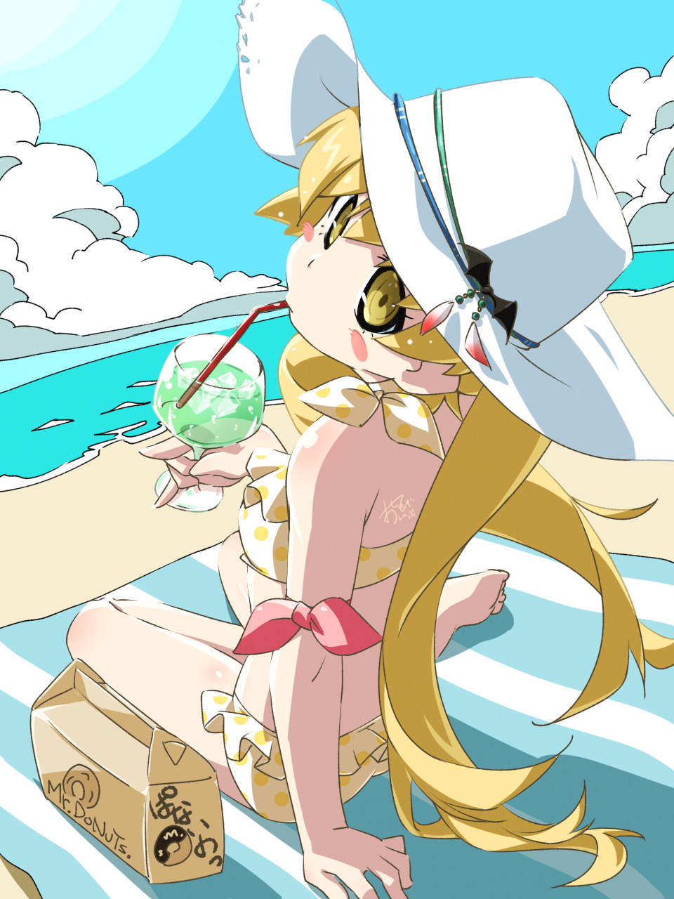oshinobi shinobu, oshino shinobu, monogatari (series), commentary request, highres, 1girl, n/, arm at side, arm ribbon, arm support, back bow, bat hat ornament, beach, beach towel, bikini, blonde hair, blush stickers, bow, breasts, cocktail, cocktail glass, cup, drinking glass, drinking straw, drinking straw in mouth, frilled bikini, frills, full body, hand up, hat, holding, knee blush, long hair, looking to the side, marine day, ocean, outdoors, pastry box, polka dot, polka dot bikini, red ribbon, ribbon, ringed eyes, shadow, shoulder blush, sidelocks, signature, sitting, small breasts, solo, sun hat, swimsuit, towel, twintails, very long hair, water, white hat, yellow eyes, yokozuwari