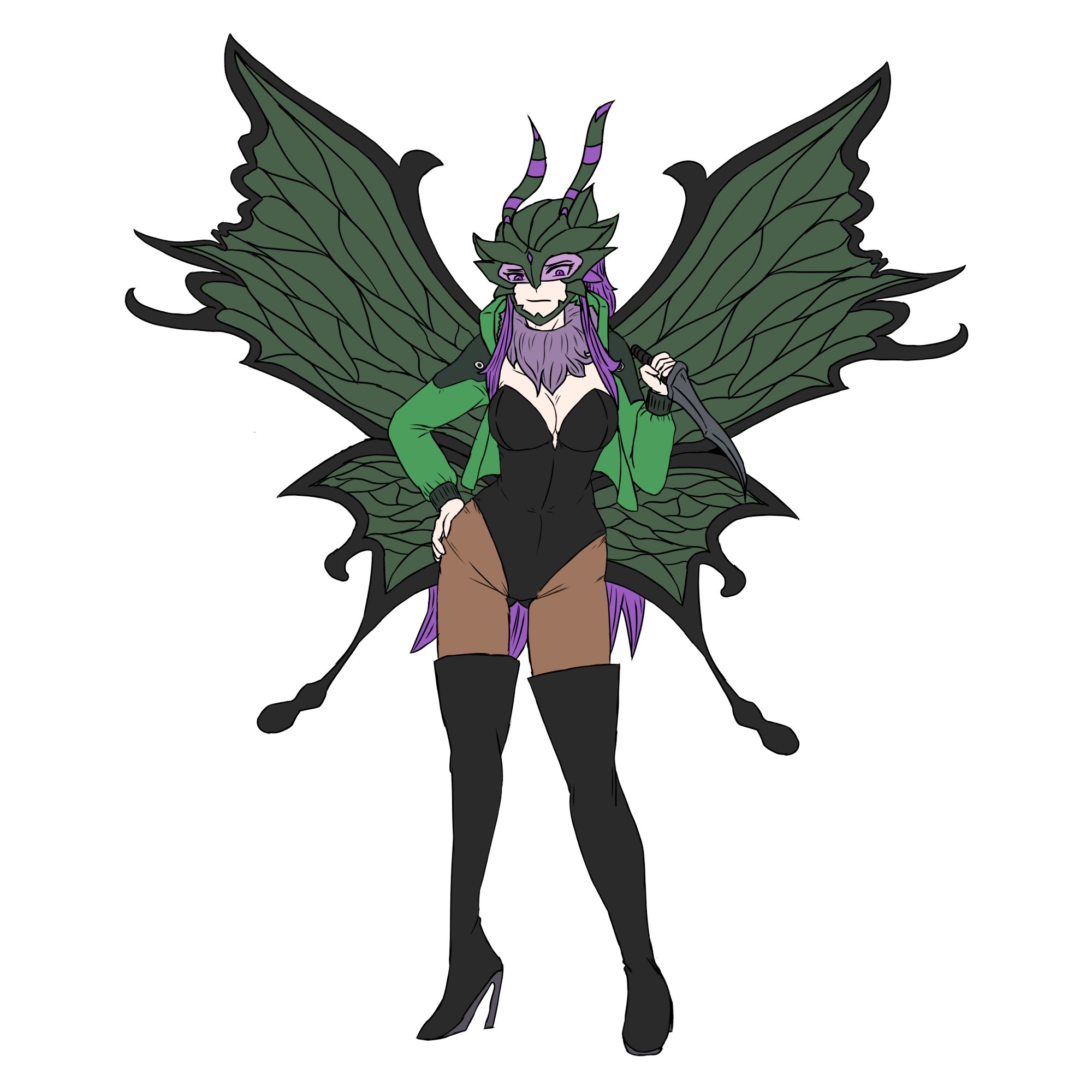 smugcoffeeman, hudiemon, digimon, 1girl, animal print, breasts, bug, cleavage, dagger, digimon (creature), eyes visible through eyewear, female focus, fur collar, helmet, high heels, holding, holding weapon, knife, large breasts, leotard, purple hair, rabbit print, solo, solo focus, thick thighs, thighhighs, thighs, weapon, wings