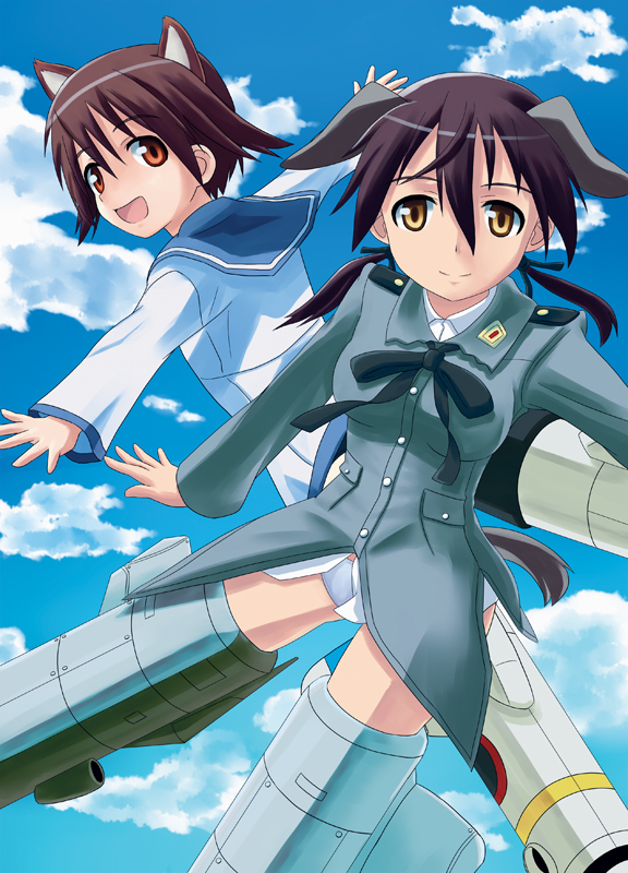 amino (trude), gertrud barkhorn, miyafuji yoshika, strike witches, world witches series, bad id, bad pixiv id, 00s, 2girls, animal ears, brown eyes, brown hair, multiple girls, panties, short hair, striker unit, twintails, underwear