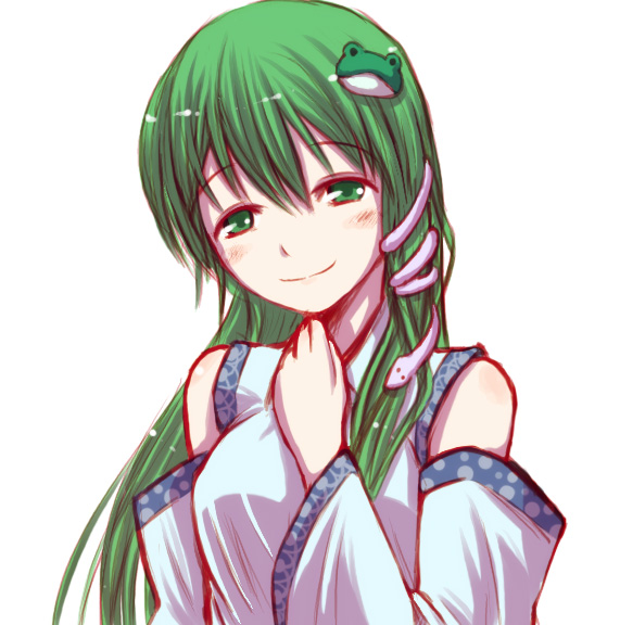 verynezumi, kochiya sanae, touhou, 1girl, detached sleeves, female focus, frog, green eyes, green hair, japanese clothes, miko, simple background, smile, snake, solo, upper body, white background