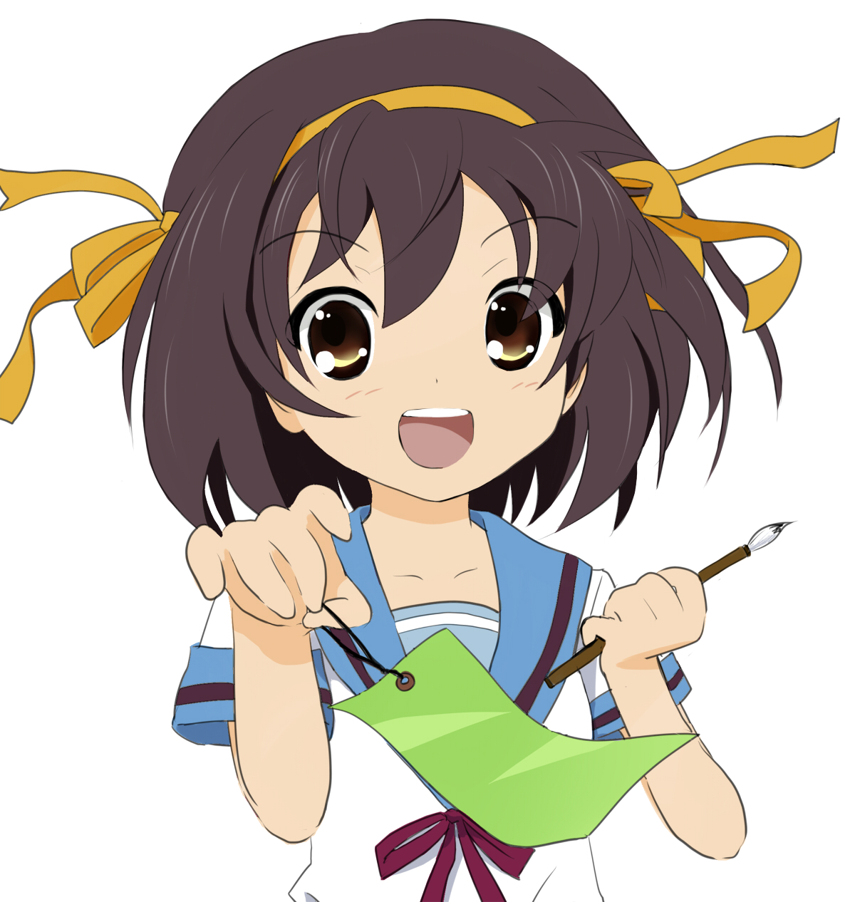 kohinore, suzumiya haruhi, suzumiya haruhi no yuuutsu, bad id, bad pixiv id, highres, 00s, 1girl, black hair, brown eyes, brown hair, calligraphy brush, female focus, flat chest, hair between eyes, hair ribbon, hairband, holding, holding tanzaku, paintbrush, ribbon, school uniform, serafuku, short hair, simple background, solo, tag, tanabata, tanzaku, white background, yellow eyes