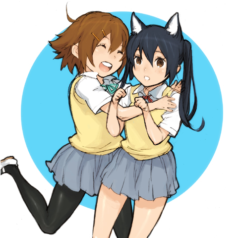 shiohara shin'ichi, hirasawa yui, nakano azusa, k-on!, lowres, 00s, 2girls, animal ears, blue hair, brown eyes, brown hair, closed eyes, hair ornament, hairclip, happy, hug, long hair, multiple girls, pantyhose, school uniform, short hair, simple background, skirt, twintails, vest