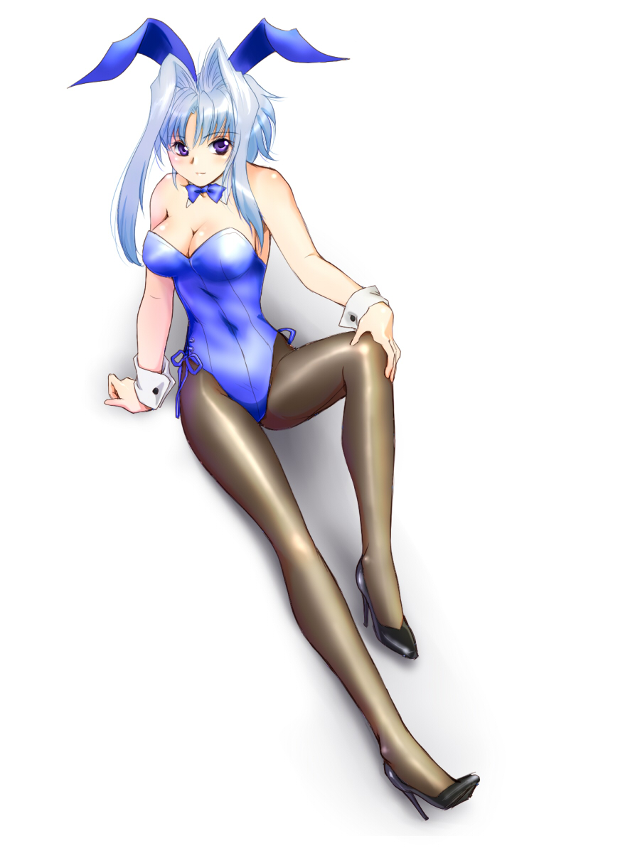 yagisaka seto, original, highres, 1girl, animal ears, back-seamed legwear, blue hair, bow, bowtie, breasts, cleavage, fake animal ears, female focus, high heels, large breasts, legs, long hair, pantyhose, playboy bunny, purple eyes, rabbit ears, seamed legwear, shoes, solo, wrist cuffs