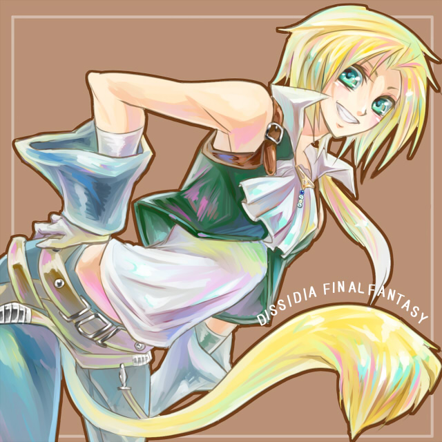 wakkoro, wakkoro (pixiv466018), zidane tribal, dissidia final fantasy, final fantasy, final fantasy ix, 00s, 1boy, between legs, blonde hair, copyright name, gloves, green eyes, male focus, smile, solo, tail, tail between legs