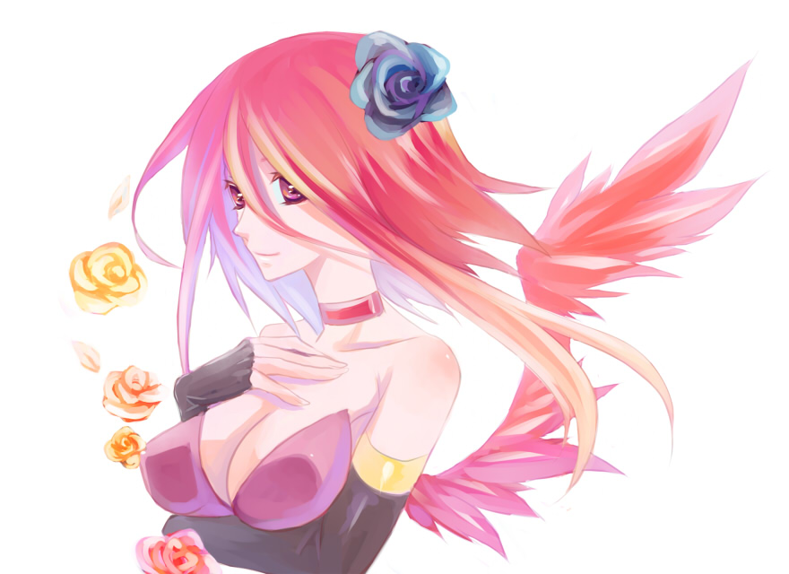 wakkoro, wakkoro (pixiv466018), izayoi aki, yu-gi-oh!, yu-gi-oh! 5d's, bad id, bad pixiv id, 00s, 1girl, breasts, choker, cleavage, elbow gloves, female focus, fingerless gloves, flower, gloves, hair flower, hair ornament, large breasts, long hair, red eyes, red hair, red wings, solo, wings