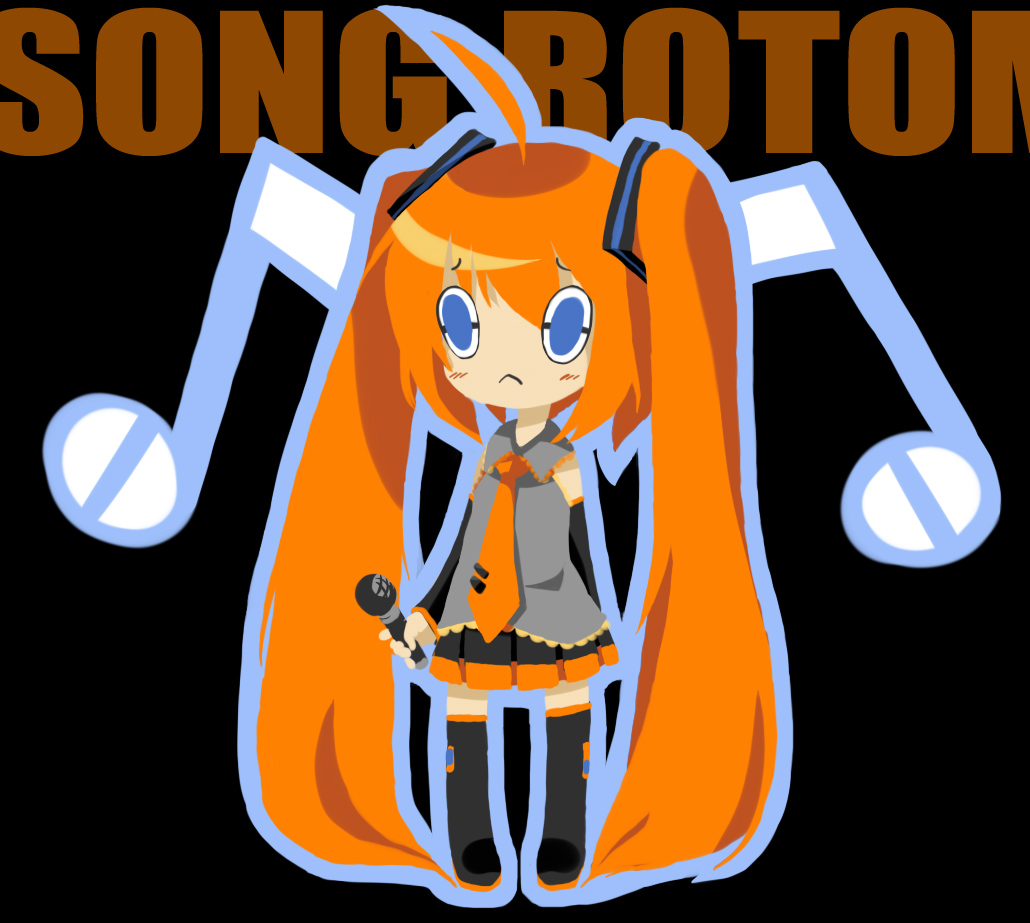 hatsune miku, rotom, nintendo, pokemon, vocaloid, absurdly long hair, ahoge, alternate hair color, black background, blue eyes, character name, chibi, full body, gen 4 pokemon, long hair, microphone, miniskirt, necktie, orange hair, orange necktie, outline, pokemon (creature), simple background, skirt, standing, twintails, very long hair