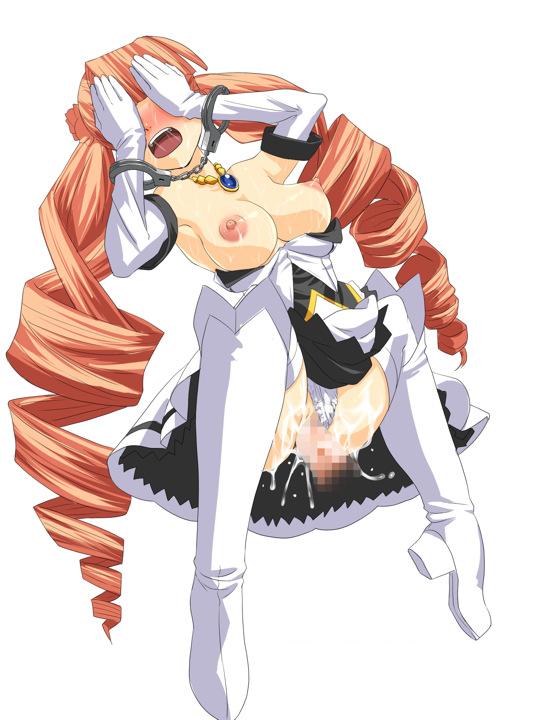 petra johanna lagerkvist, aq interactive, arcana heart, arcana heart 2, atlus, examu, 1girl, armpits, bare shoulders, breasts, censored, clothing aside, covering own eyes, cuffs, cum, handcuffs, jewelry, necklace, panties, panties aside, rape, restrained, saliva, sex, tears, underwear, vaginal