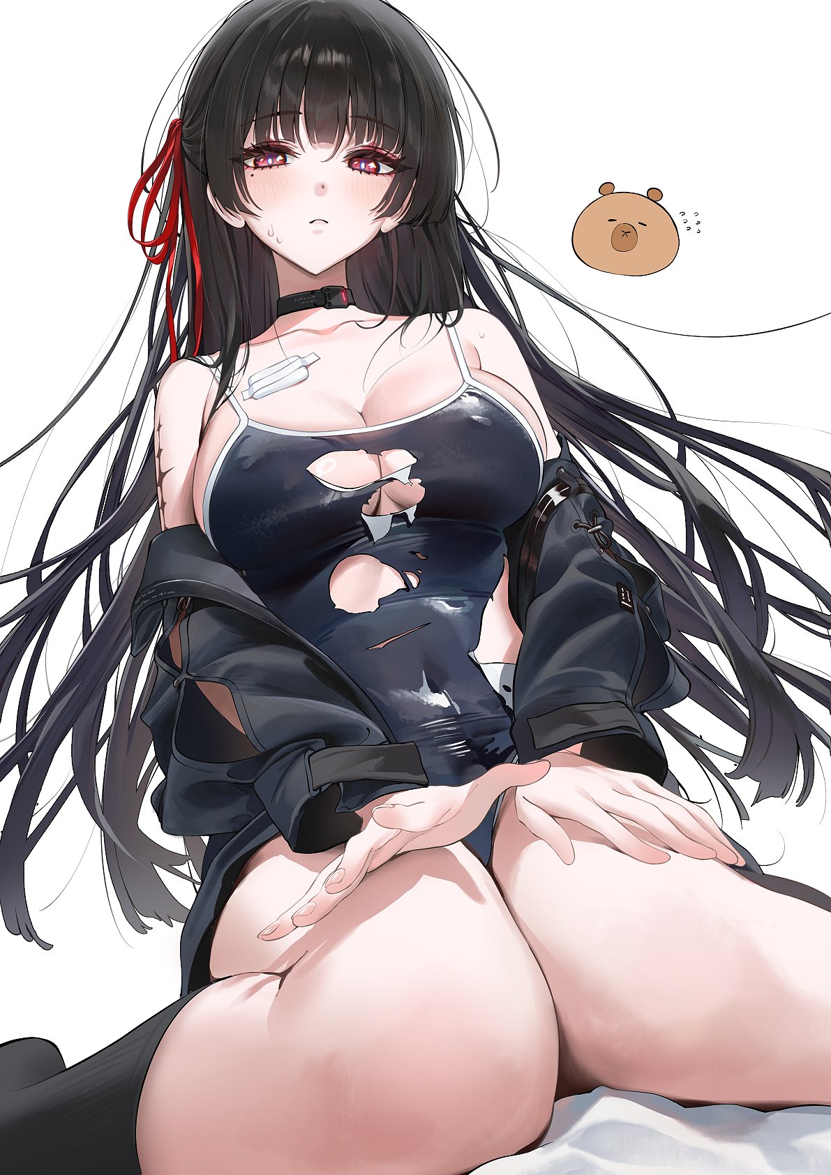 ame (uten cancel), chisa (wuthering waves), wuthering waves, commentary request, highres, 1girl, alternate costume, bandage on chest, bare shoulders, black choker, black hair, black jacket, black socks, blush, breasts, bright pupils, choker, cleavage, closed mouth, collarbone, feet out of frame, from below, hair ribbon, jacket, large breasts, long hair, long sleeves, looking at viewer, mole, mole under eye, namipon (wuthering waves), off shoulder, parted lips, red eyes, red ribbon, ribbon, school swimsuit, simple background, sitting, socks, solo, swimsuit, torn clothes, torn swimsuit, wariza, white background, white pupils