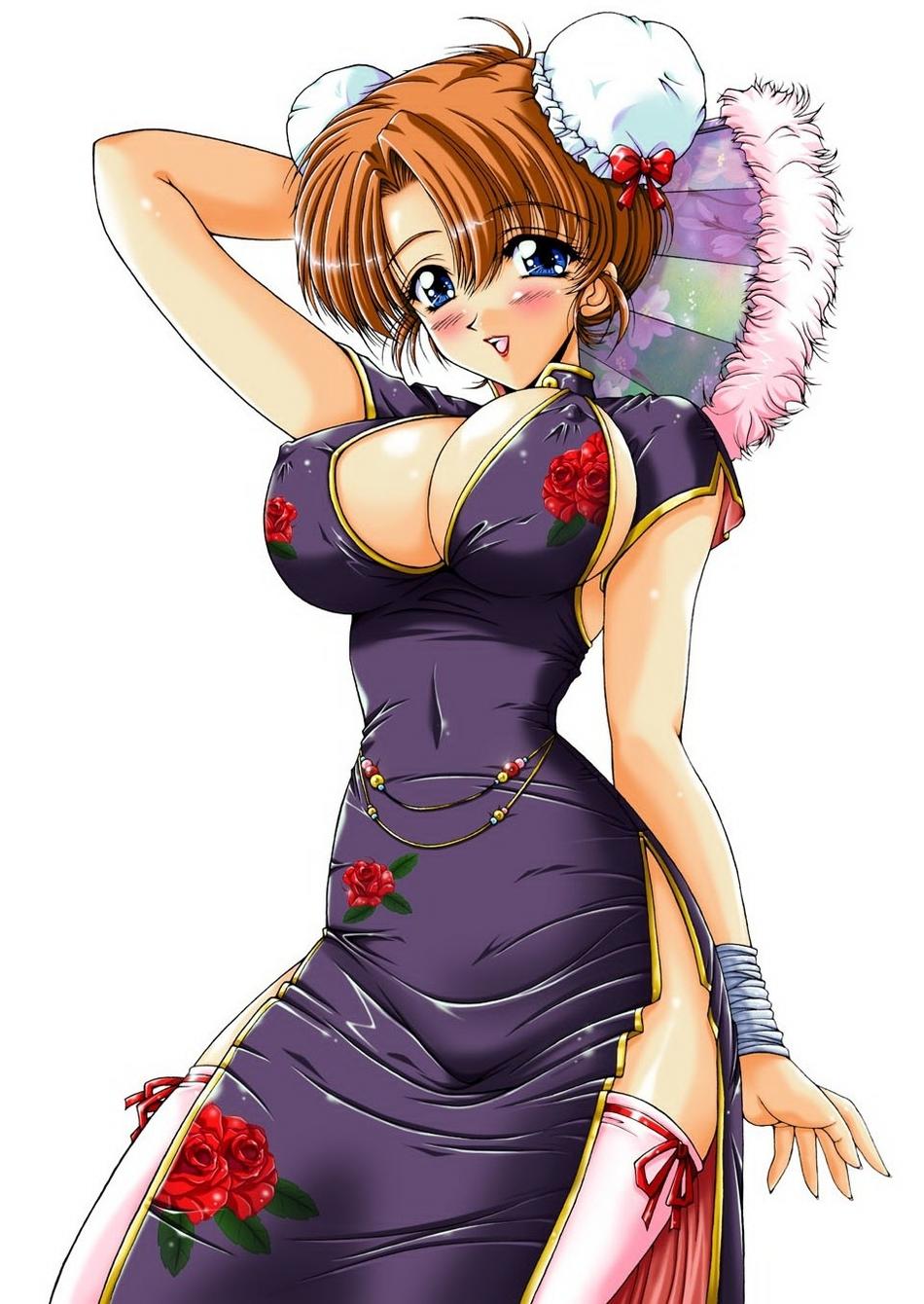 highres, 1girl, blue eyes, blush, breasts, brown hair, china dress, chinese clothes, cleavage, double bun, dress, female focus, hair bun, hand fan, lipstick, looking at viewer, makeup, smile, solo
