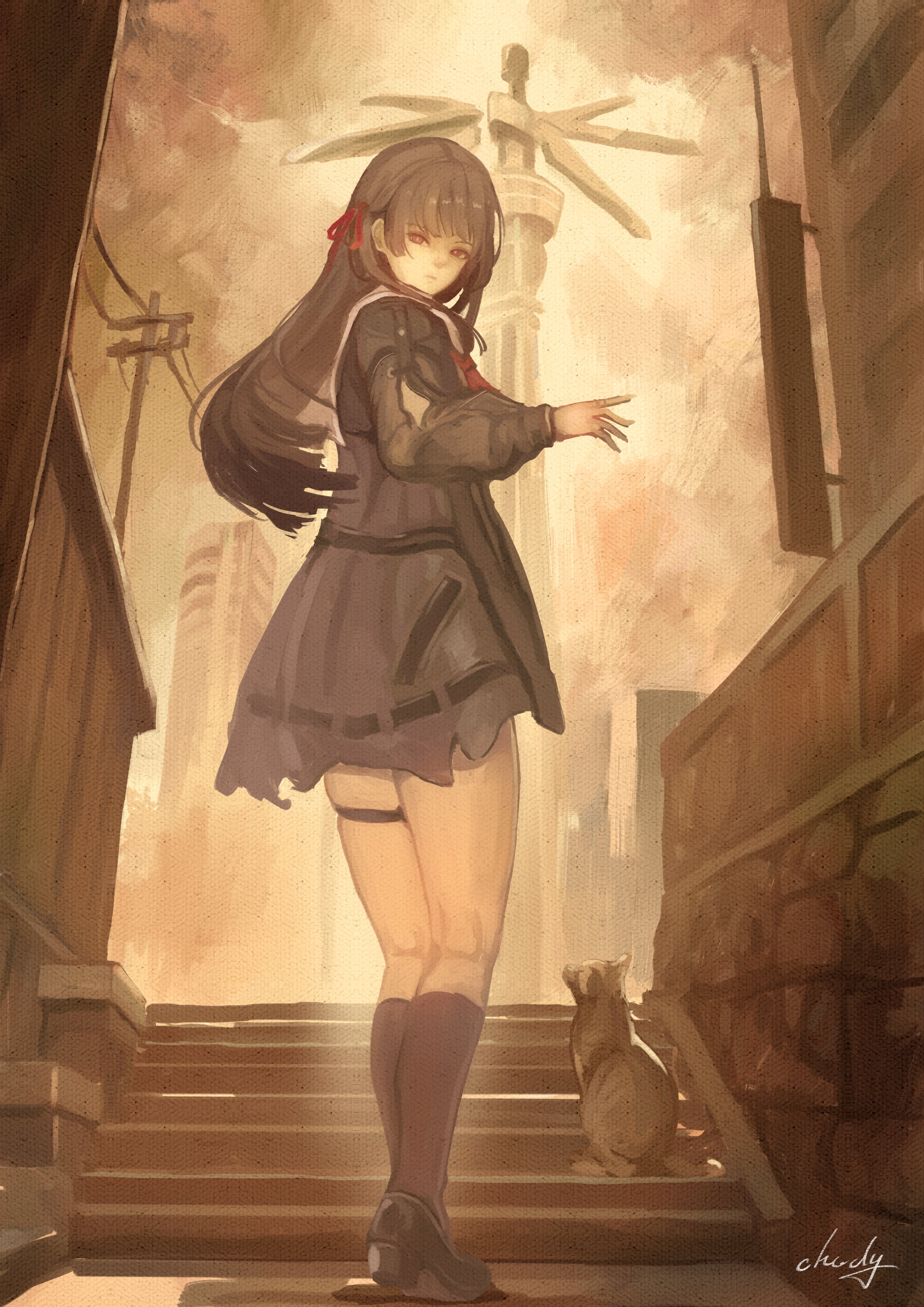 chucky (chucky1000sun), chisa (wuthering waves), wuthering waves, absurdres, commentary request, highres, 1girl, arm cutout, black hair, black jacket, black shoes, cat, closed mouth, clothing cutout, from behind, full body, hair ribbon, hand up, jacket, kneepits, long hair, long sleeves, looking at viewer, looking back, neckerchief, red eyes, red neckerchief, red ribbon, ribbon, shoes, signature, solo, standing, thigh strap